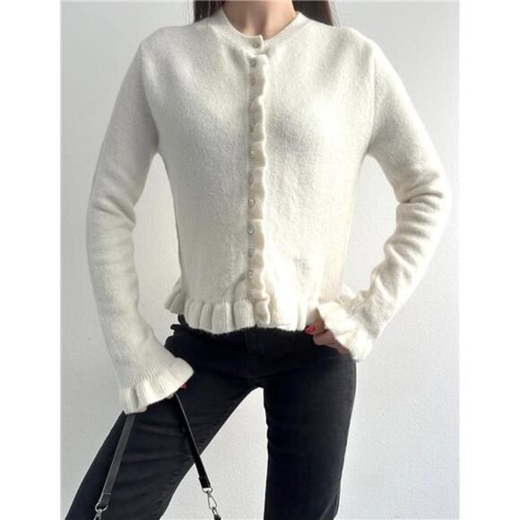 Women's Cropped Cardigan Ruffle Frilly White - Picture 1 of 7